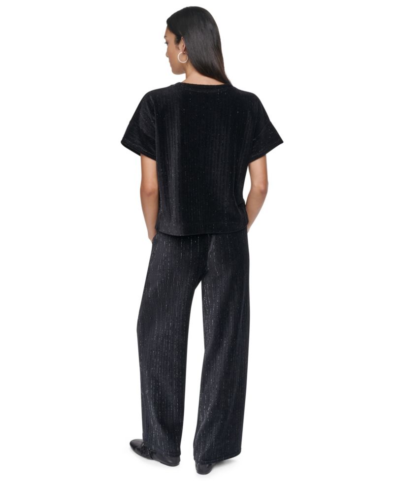 Women's Lurex Velvet Knit Scoop Neck Short-Dolman Sleeves T-Shirt