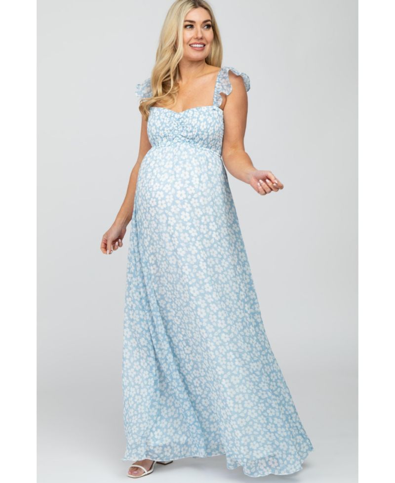 Women's Light Blue Floral Chiffon Sweetheart Neck Off Shoulder Maxi Dress