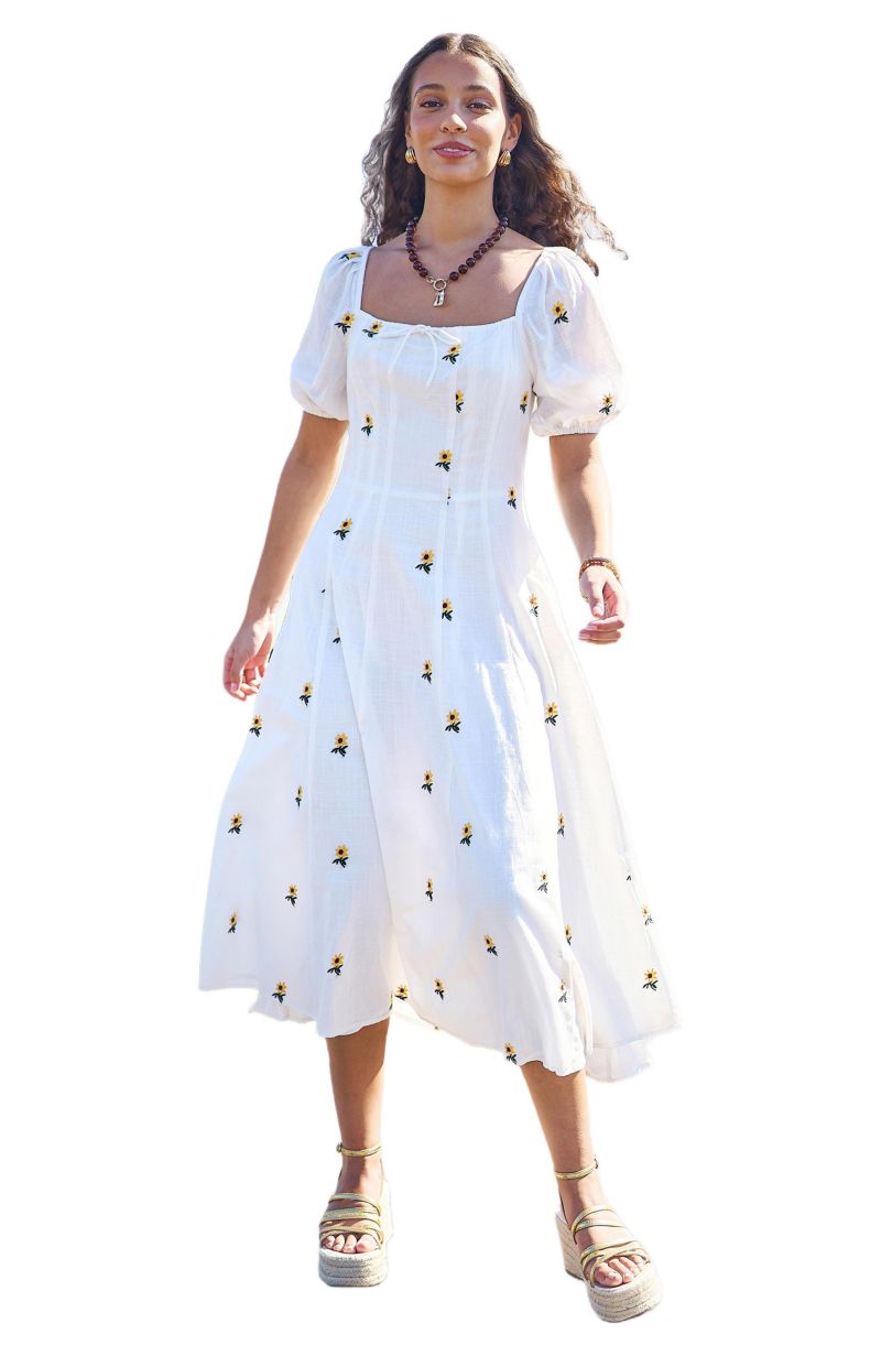Women's Cotton Sunflower Embroidered Midi Dress