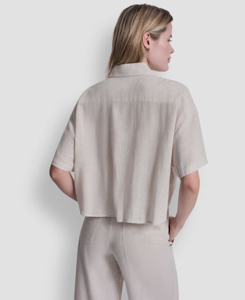 Petite Oversized Linen-Blend Cropped Short Sleeve Shirt