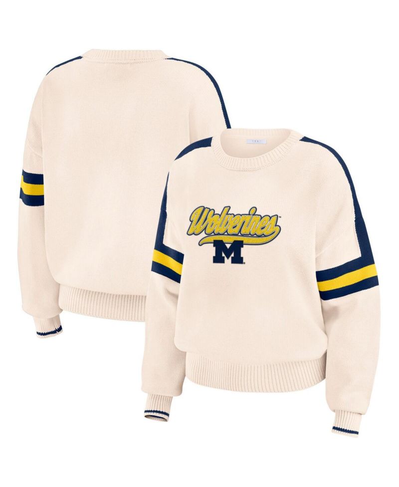 Women's Cream Michigan Wolverines Chenille Woven Patch Stripe Pullover Sweatshirt