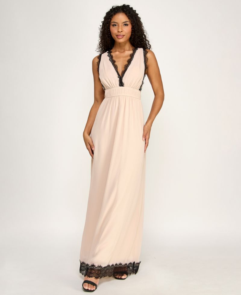 Juniors' Sleeveless V-Neck Deep Plunge Lace Trim Dress