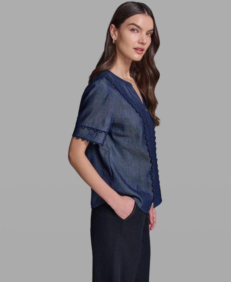 Women's V-Neck Nailhead Trim Short-Sleeve Blouse