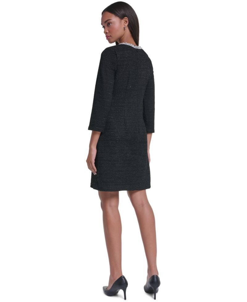 Women's Shimmer Knit Tweed Bow-Trim Shift Dress