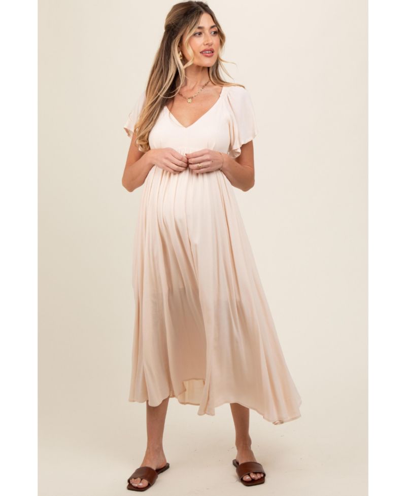 Women's Cream V-Neck Flutter Short Sleeve Midi Dress