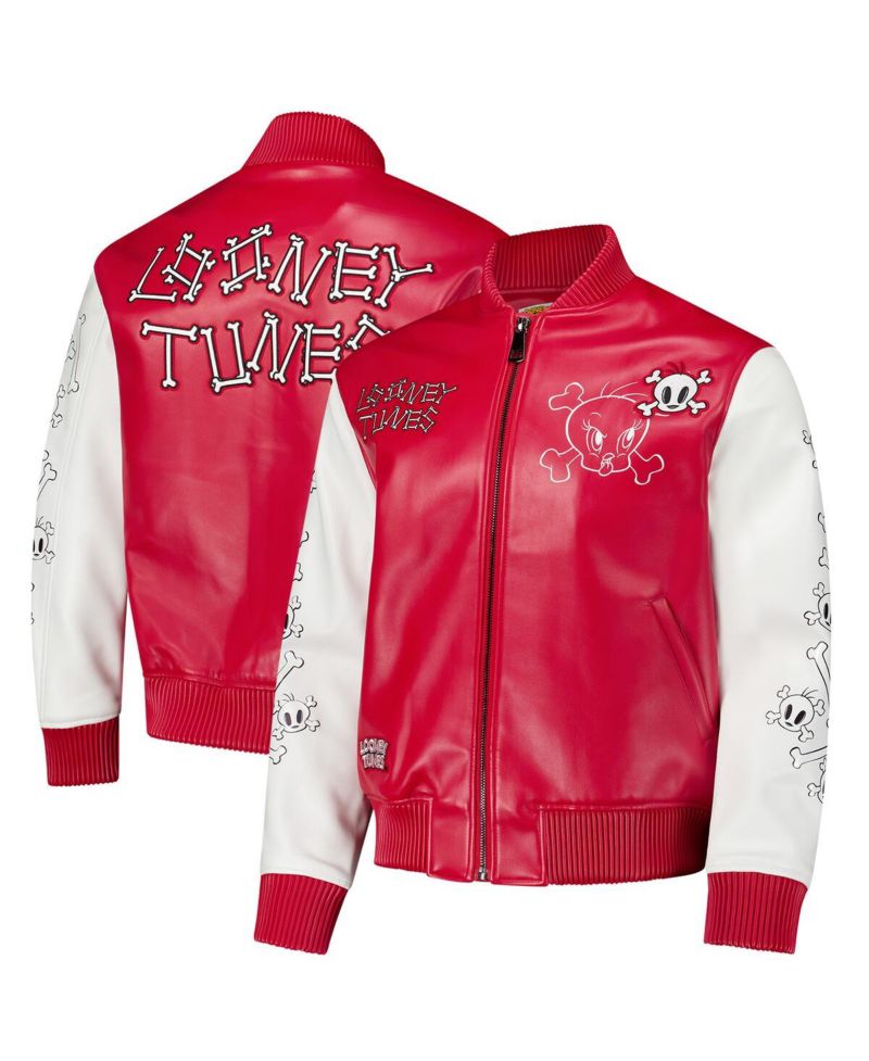 Men's Red/White Looney Tunes Tweety Bones Full-Zip Varsity Jacket
