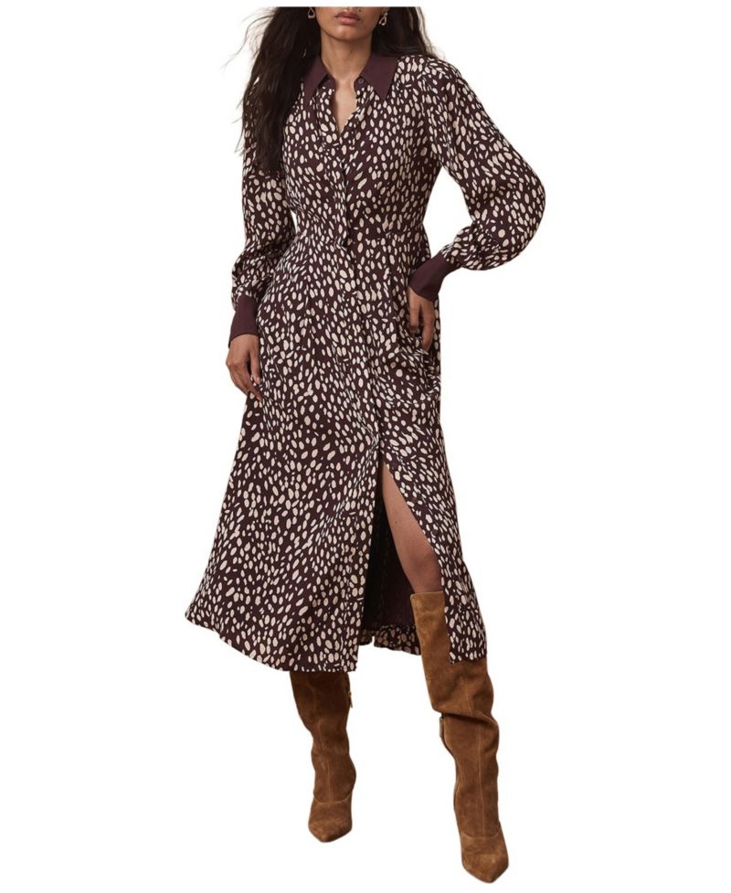 Women's Printed Contrast Midi Shirt Dress
