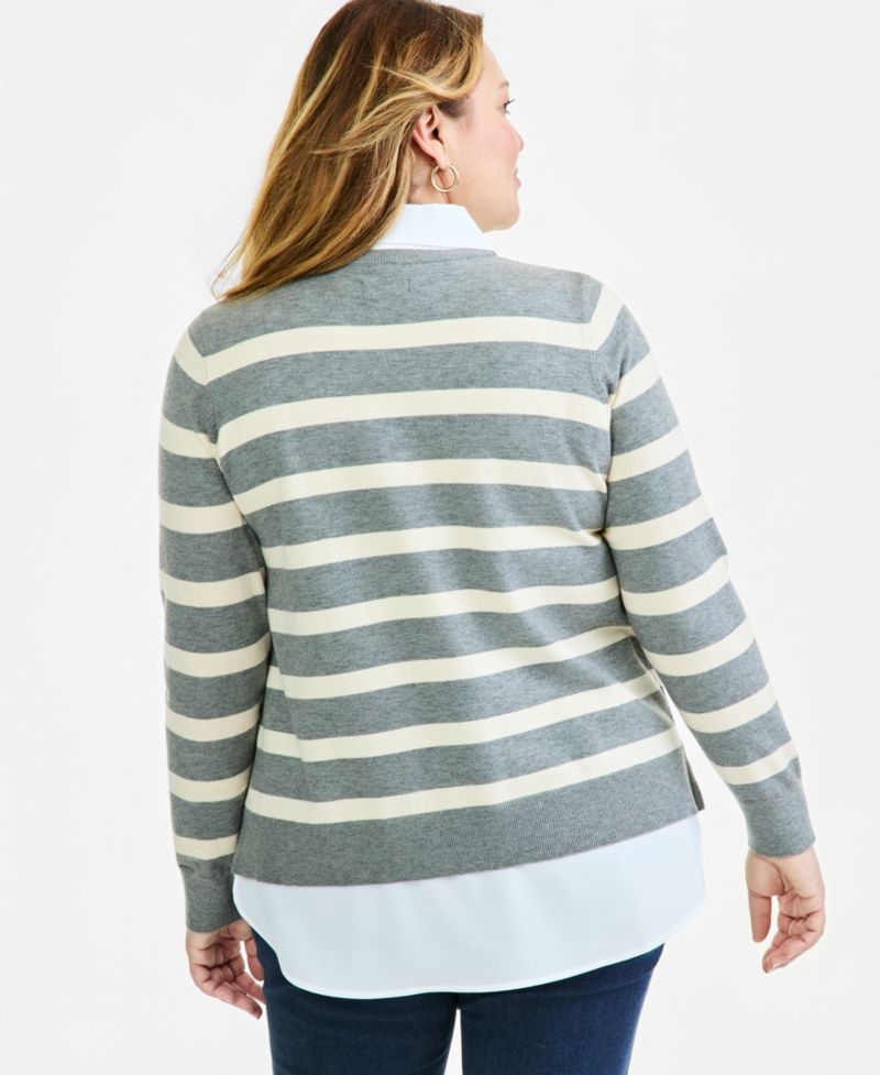 Petite Two-Fer Striped V-Neck Sweater