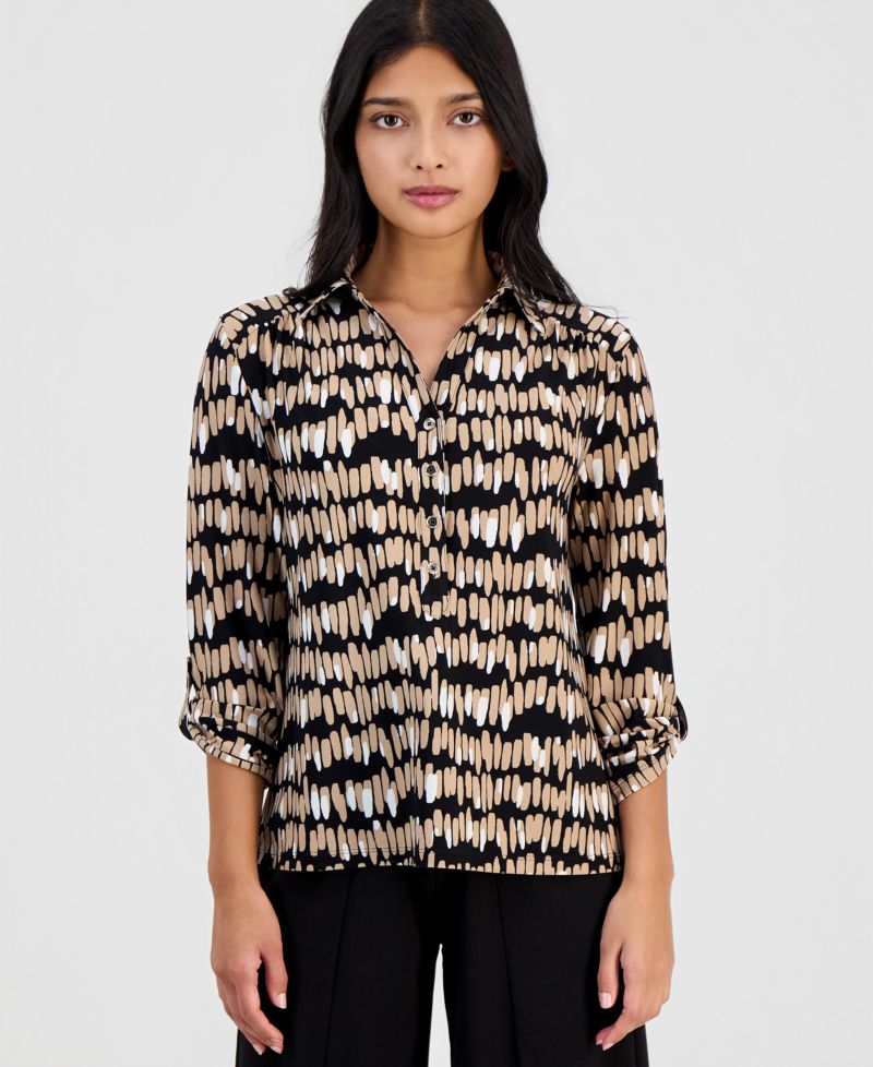 Women's Printed Collared 3/4-Sleeve Top