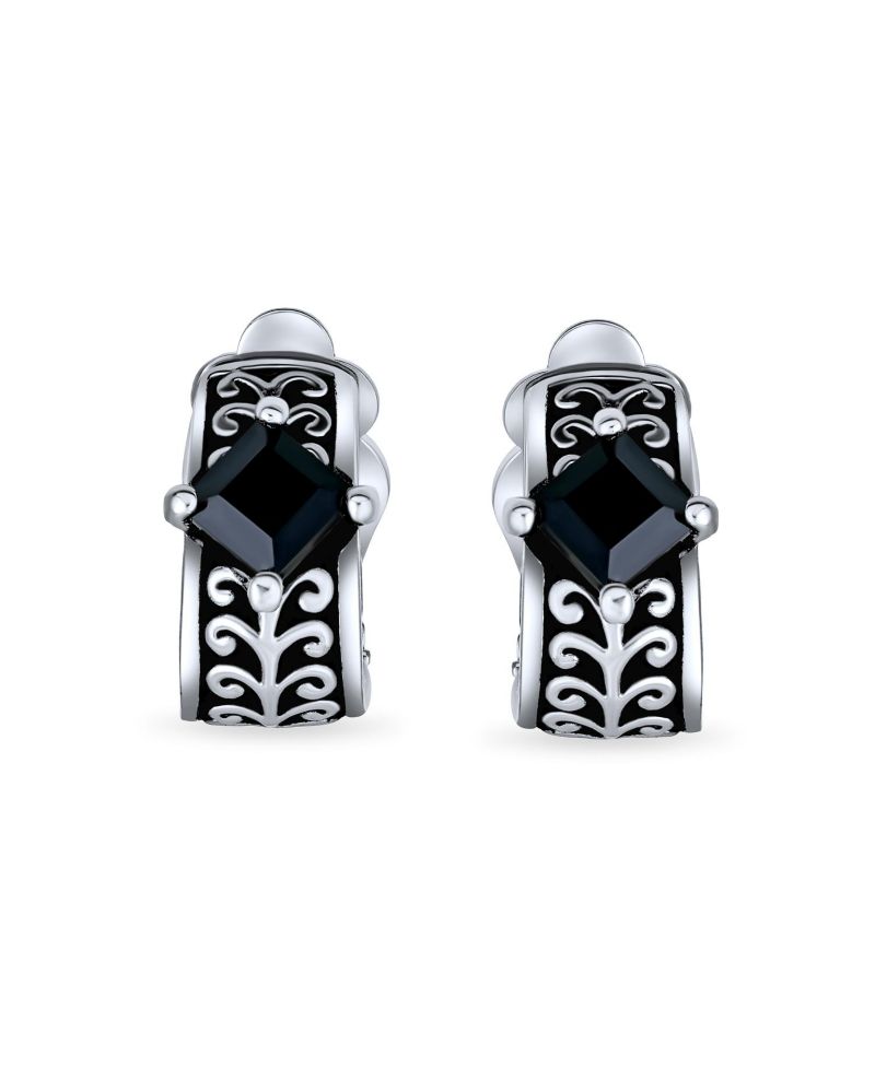 Bali Style Black Crystal Scroll Half Hoop Clip-On Earrings Silver Oxidized