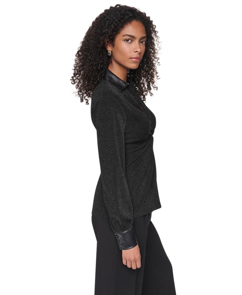 Women's Sparkle Knit Twist-Front Long-Sleeve Blouse