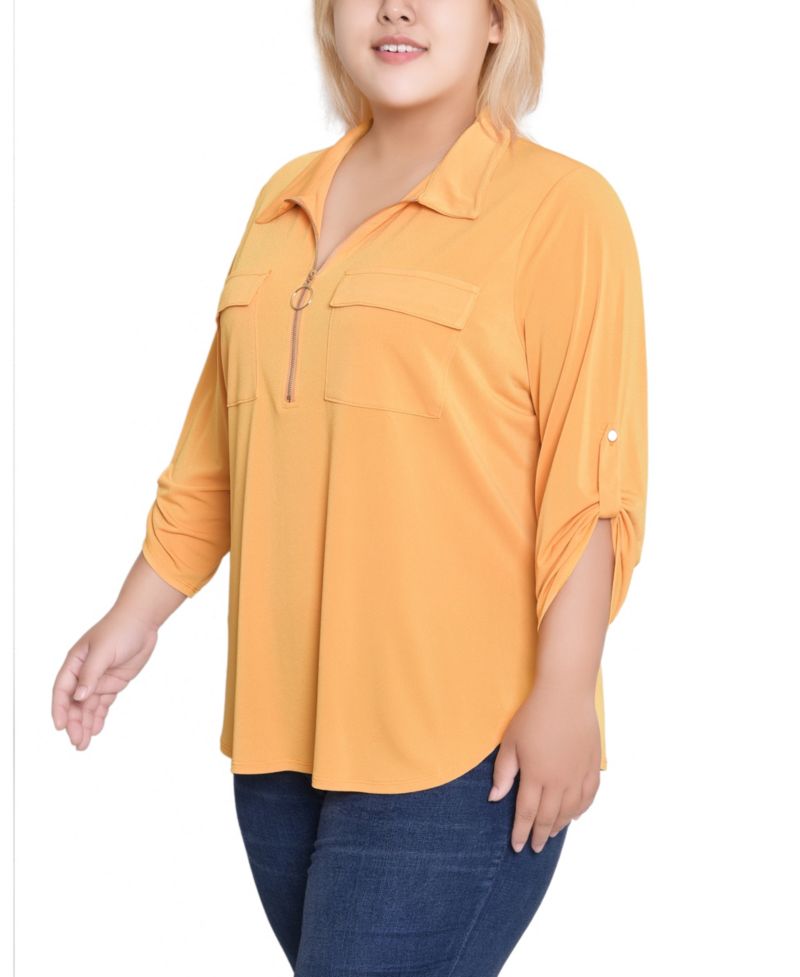 Plus Size 3/4 Roll Tab Zip Front Top