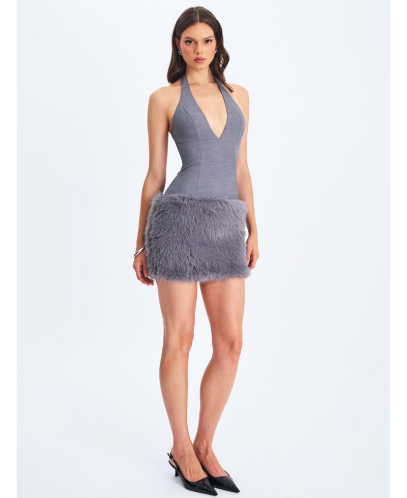 Women's Daisy Grey Drop Waist Faux Fur Trim Halter Mini Dress