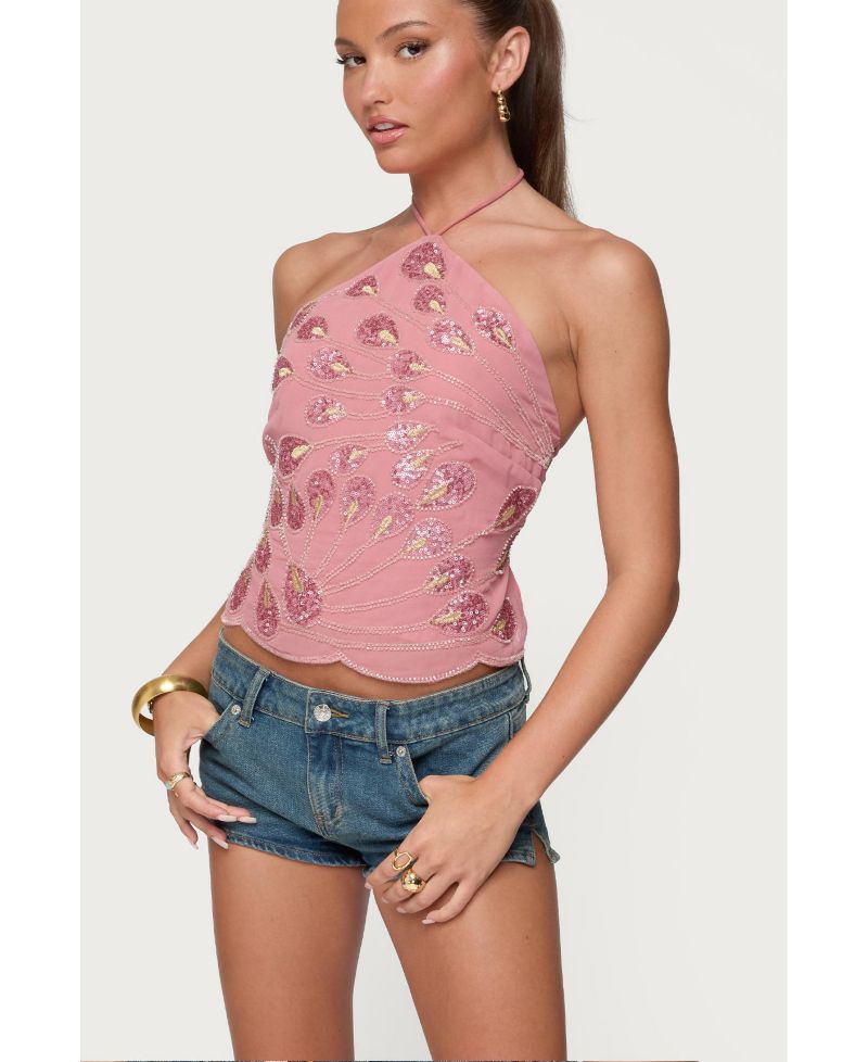 Women's Embroidered Bead and Sequin Halter Top