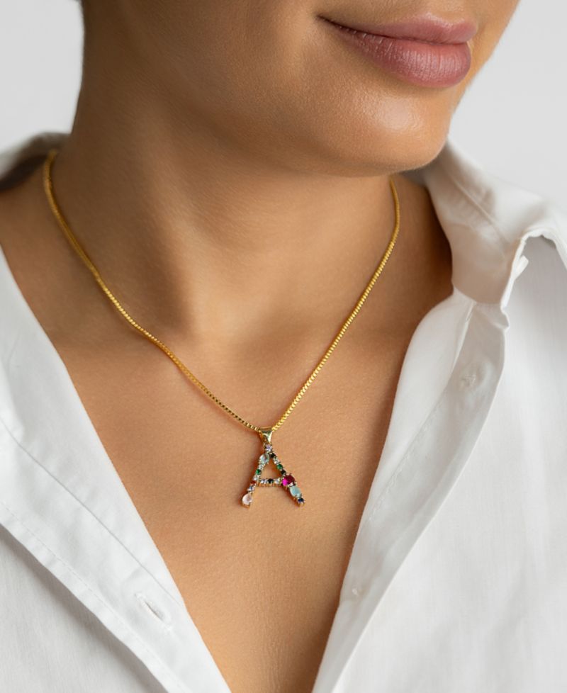14K Gold-Plated Multi Color Stone Initial Necklace