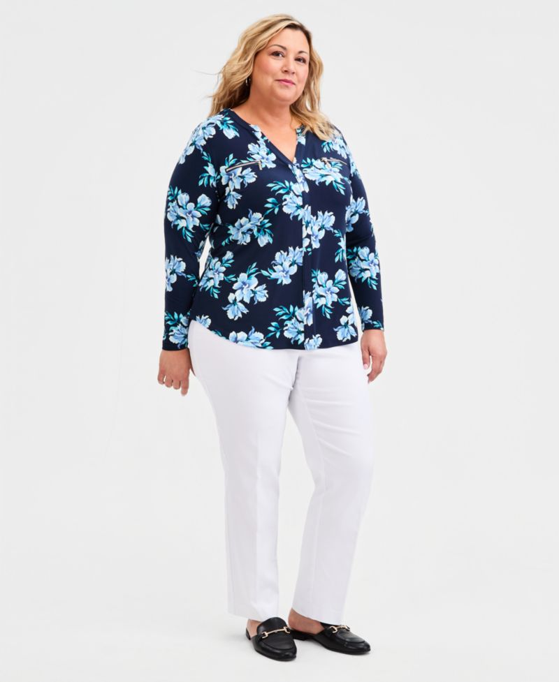 Plus Size Printed Split-Neck Long-Sleeve Top