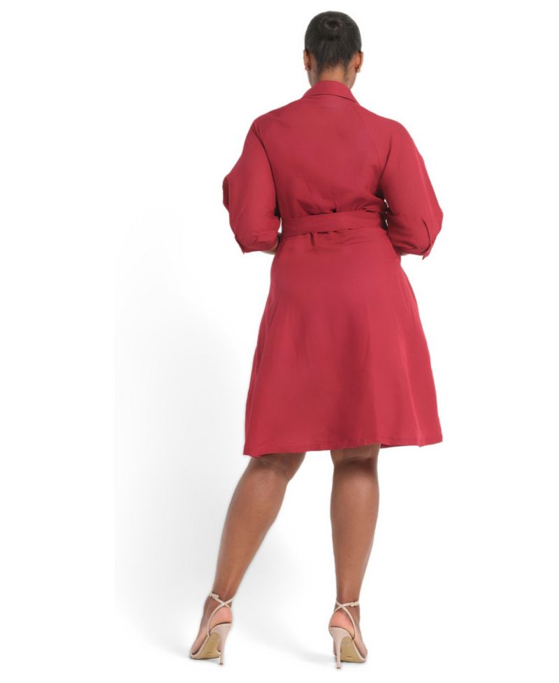 Plus Size Maribel Fit-and-Flare Collared Three-Quarter-Sleeve Linen-Blend Shirt Dress