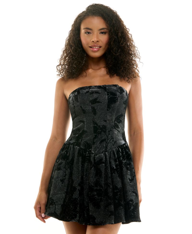 Juniors' Glitter Strapless Floral-Print Dress