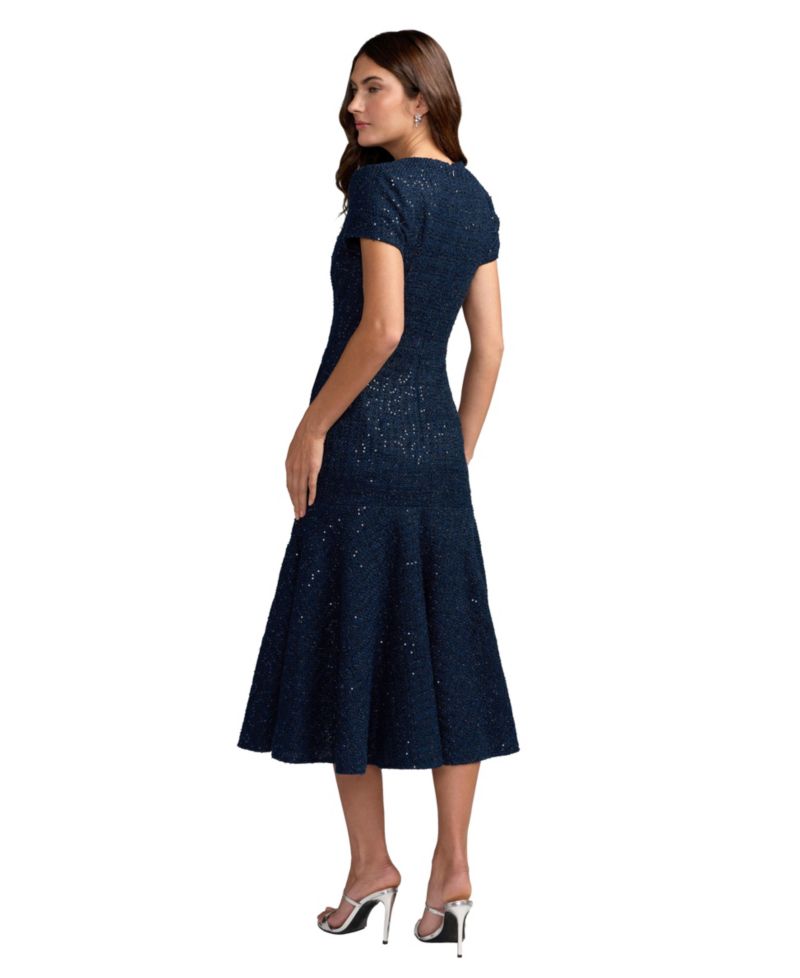 Women's Sequin Tweed Short-Sleeve A-Line Midi Dress