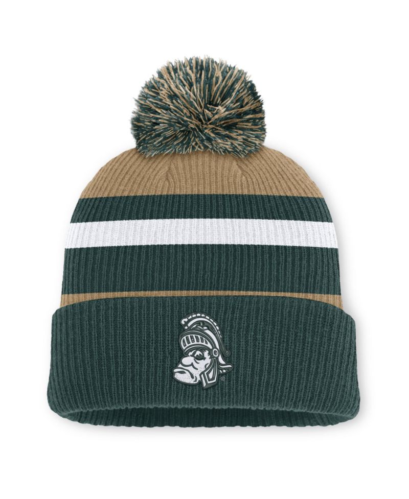 Men's and Women's Forest Green/Beige Michigan State Spartans Legacy Striped Cuffed Knit Hat with Pom