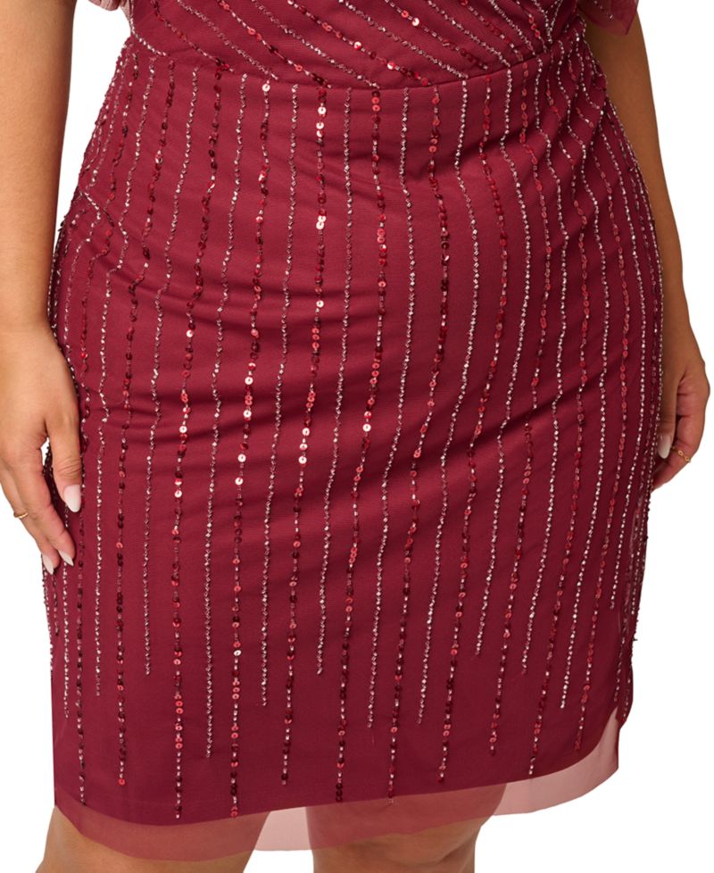 Plus Size Sequin Beaded Flutter-Sleeve Dress