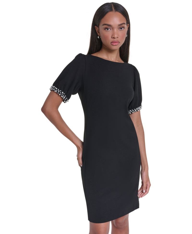 Women's Boat Neck Sheath Dress With Imitation Pearl Sleeve Cuff