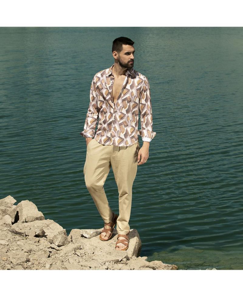 Men's Pale Yellow & Mocha Brown Abstract Block Shirt