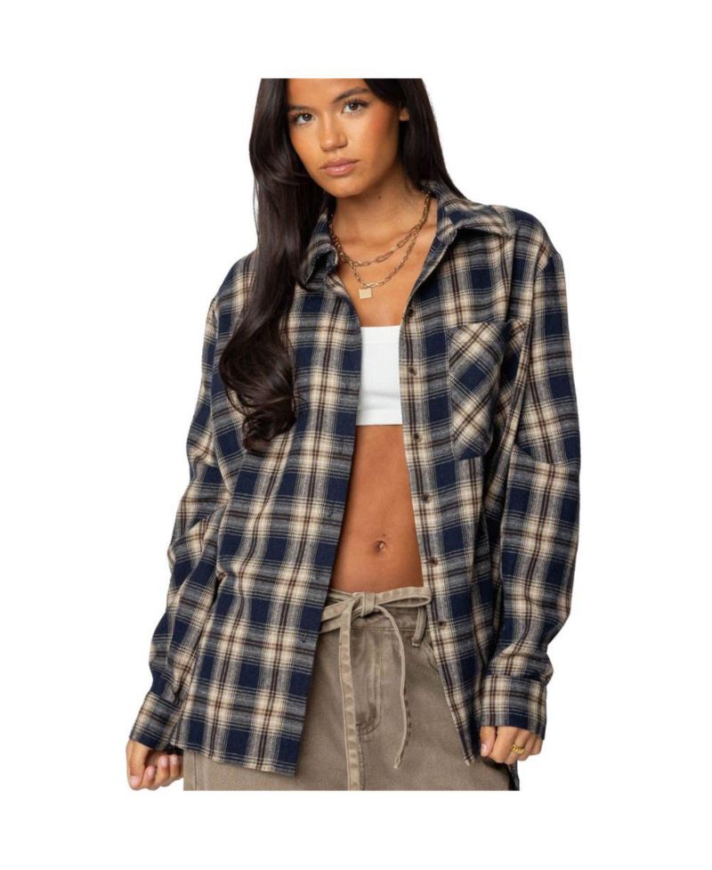 Womens Plaid Flannel Button Up Shirt