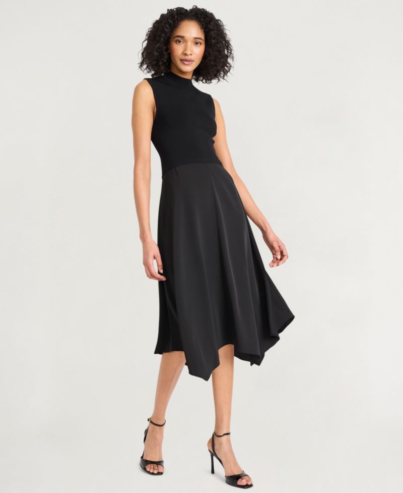 Women's Crepe Mock-Neck Sleeveless Midi Dress