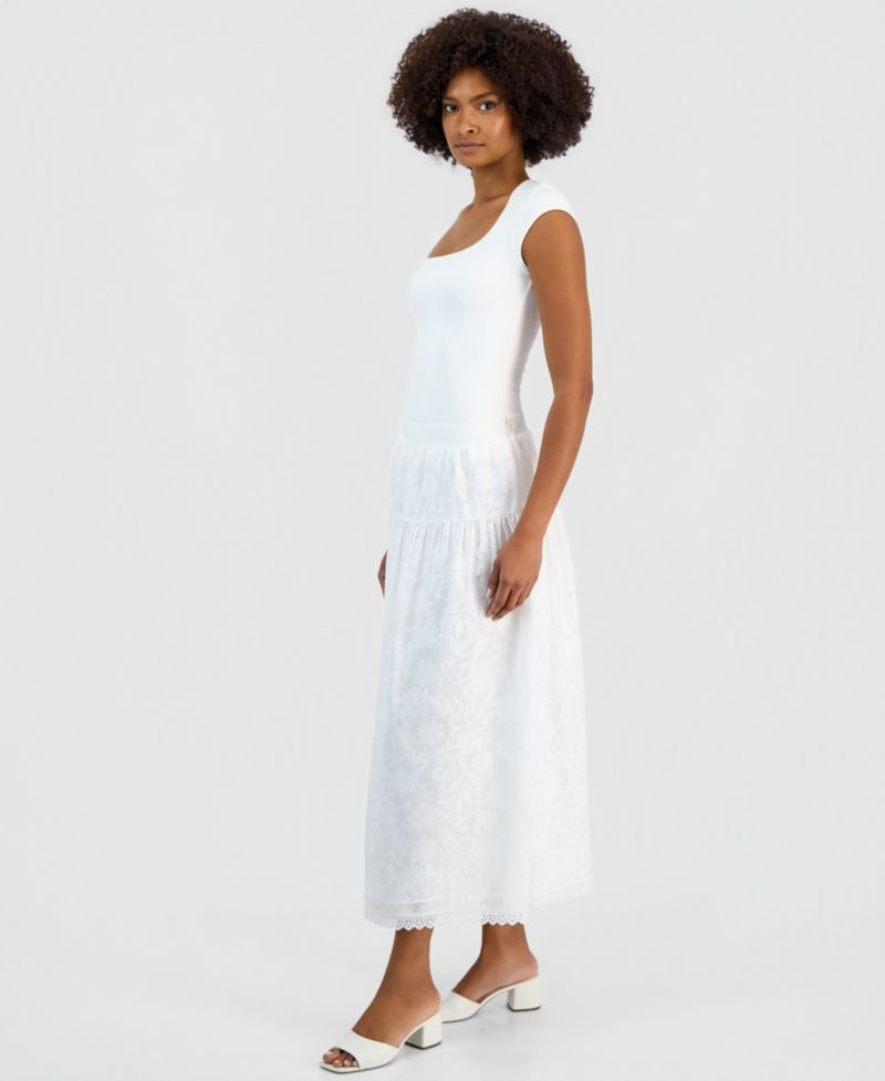 Women's Tonal-Print Tiered Lace-Trim Maxi Skirt