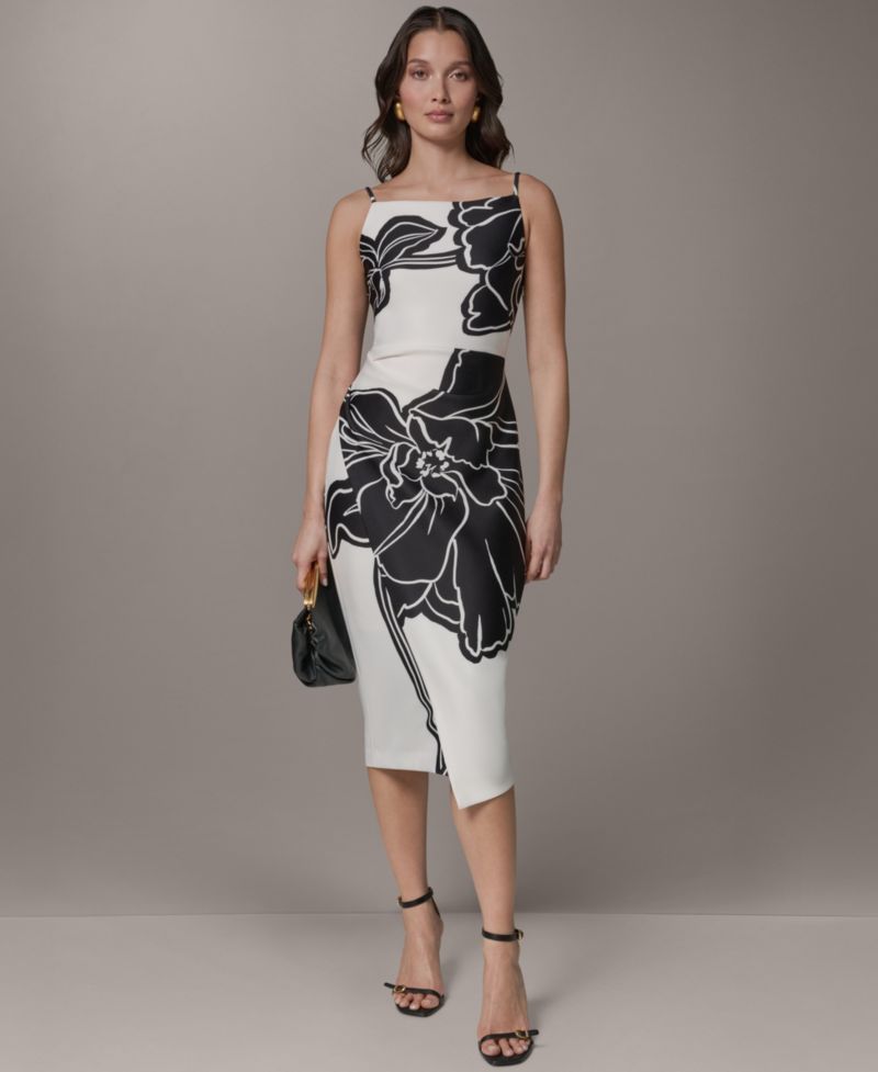 Women's Sleeveless Floral Square Neck Midi Sheath Dress