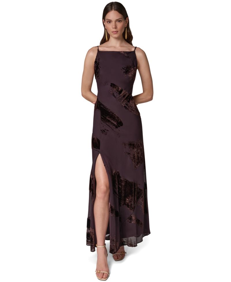 Women's Boat Neck Velvet-Burnout Gown with Low V-Back