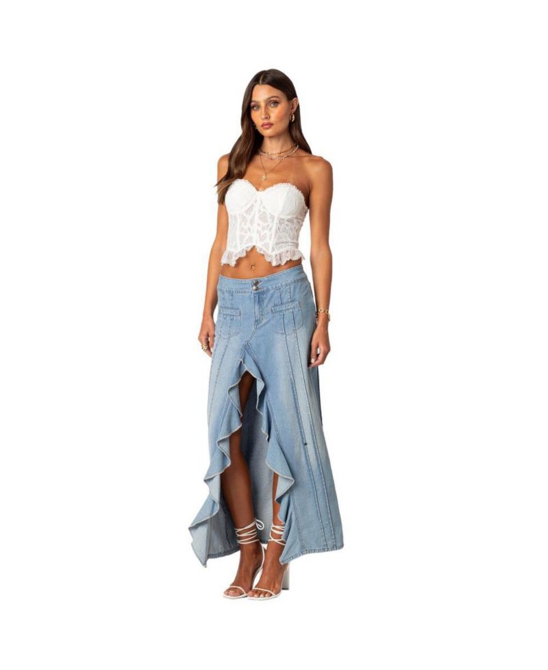 Women's Valencia Ruffle Slitted Denim Maxi Skirt