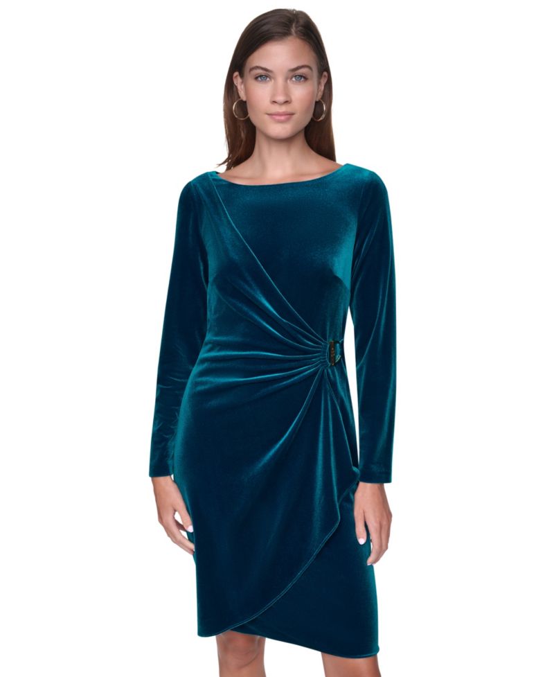 Plus Long-Sleeve Ruched Velvet Dress