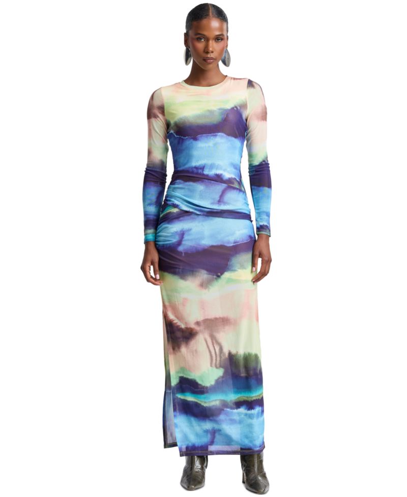 Women's Scoop Neck Long-Sleeve Shirred Waist Maxi Dress