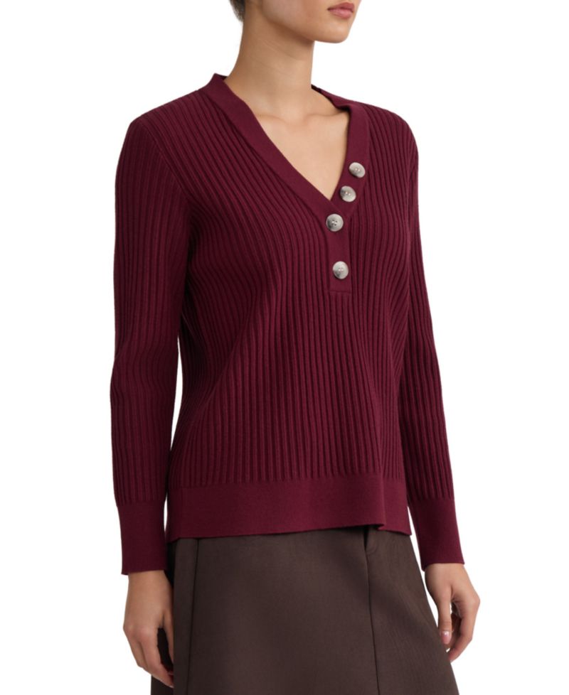 Women's Long Sleeve Ribbed Y-Neck Placket Sweater