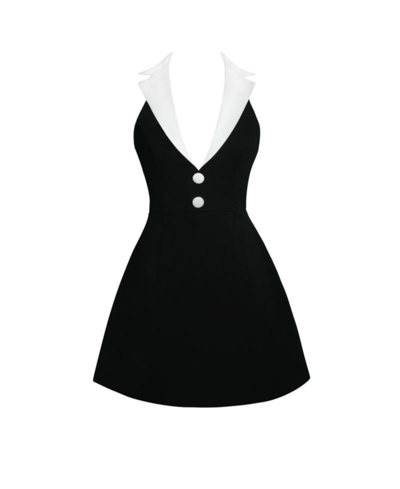 Women Ignacia Office Casual Black and White Halter Mini A-line Dress