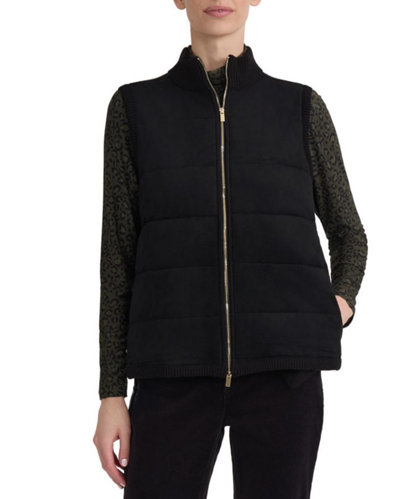 Women's Padded Faux-Suede Collared-Neck Zipper Vest