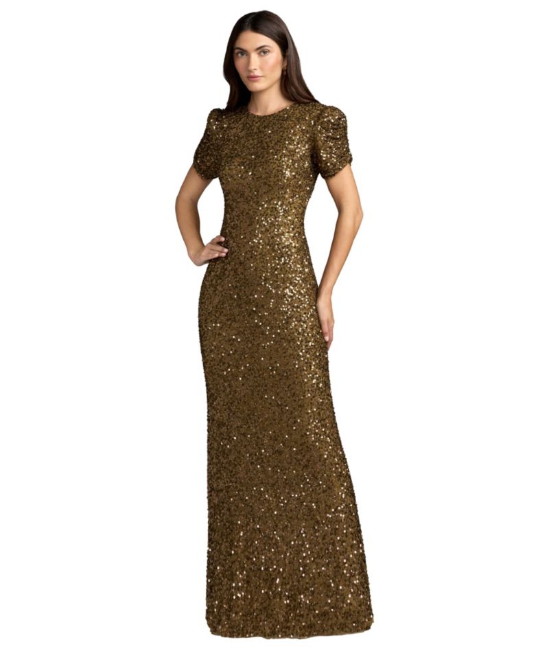 Women's High-Neck Puff-Sleeve Embellished Gown