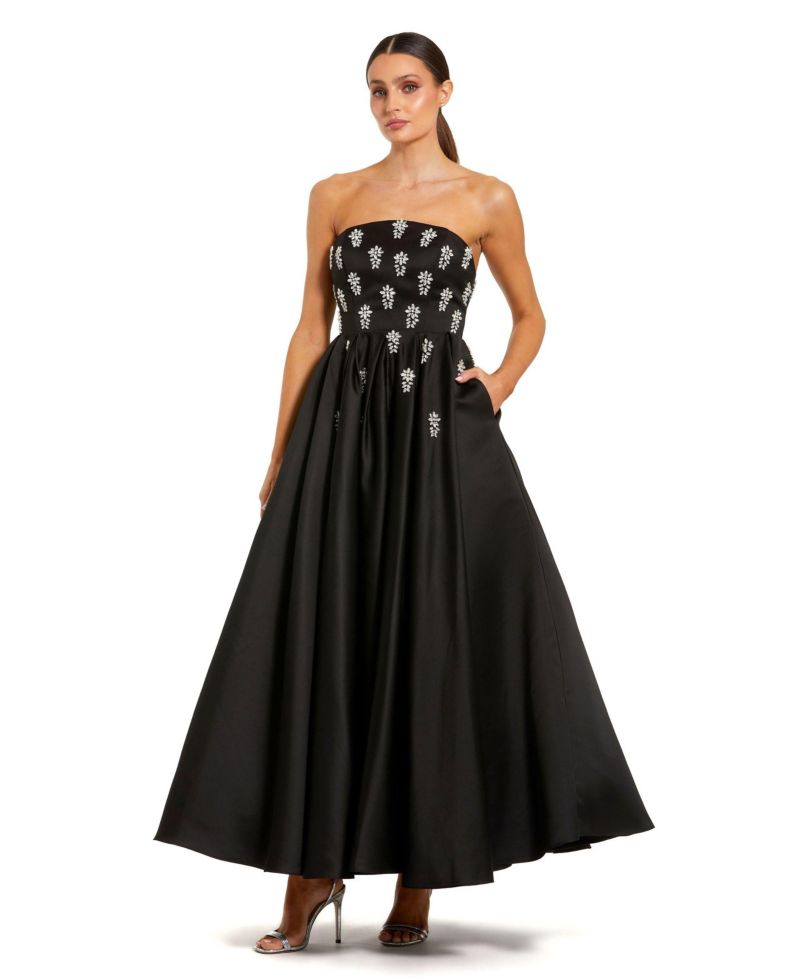 Women's Crystal Embellished Strapless Satin A-Line Dress