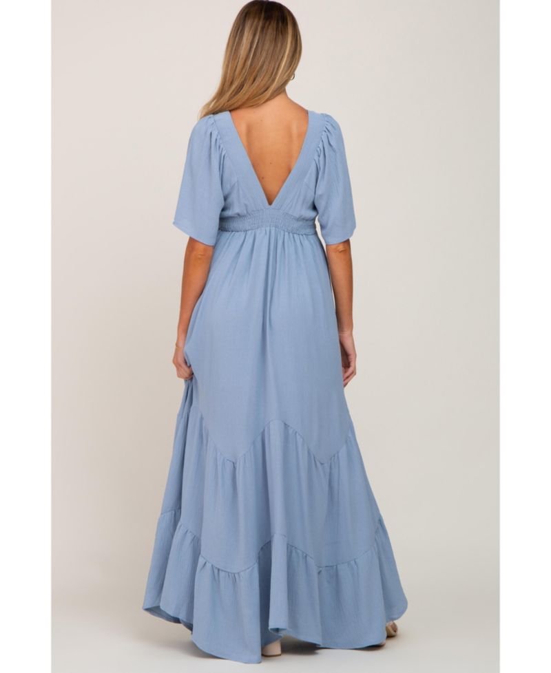Women's Light Blue Deep V-Neck Maxi Dress