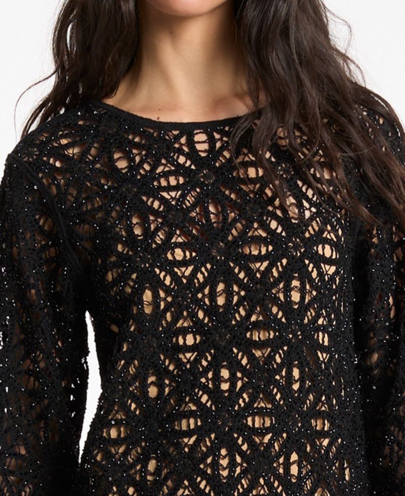 Women's Crochet Crewneck Long-Sleeve Mini Dress