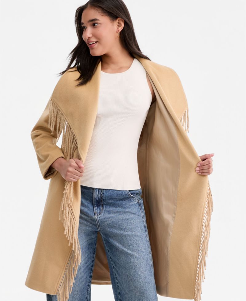 Women's Fringe-Trim Tie-Belt Wrap Coat