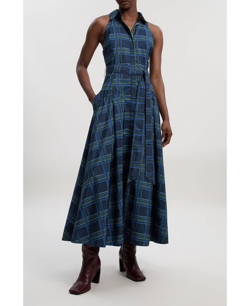 Women's Check Taffeta Belted Maxi Shirt Dress