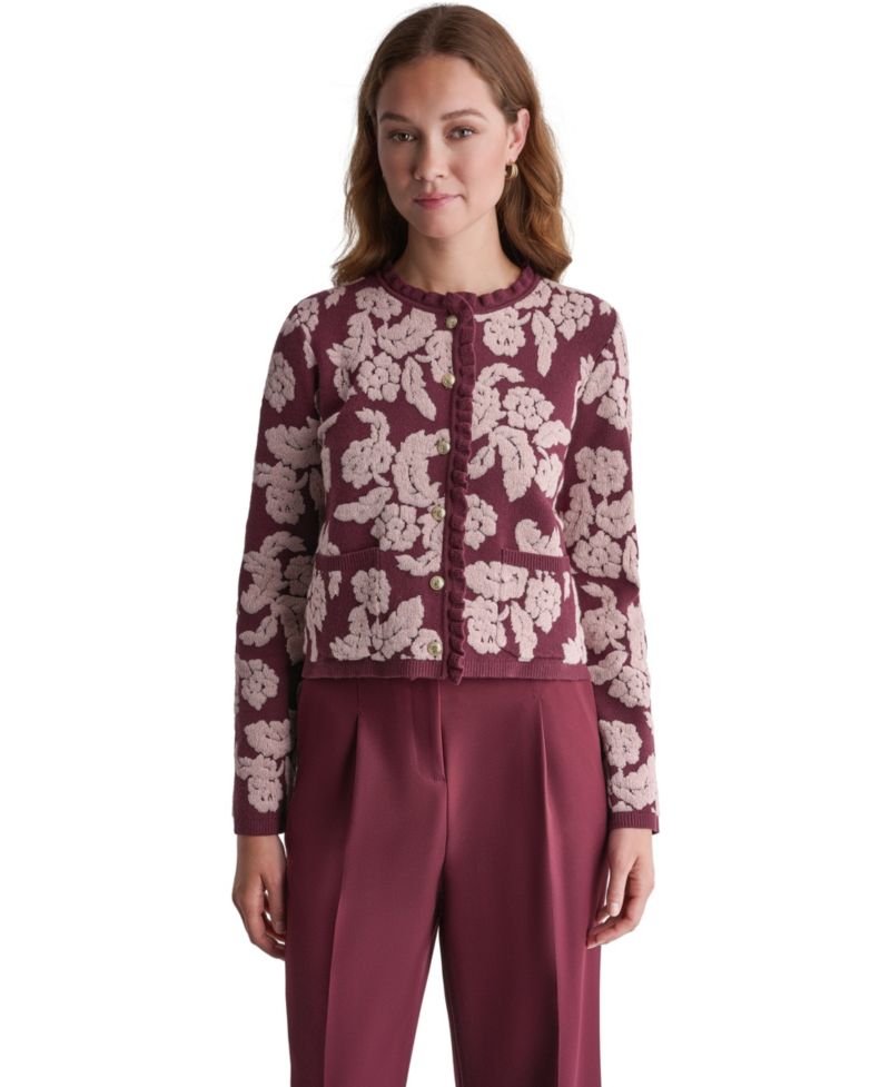Women's Floral Crew-Neck Cardigan Sweater