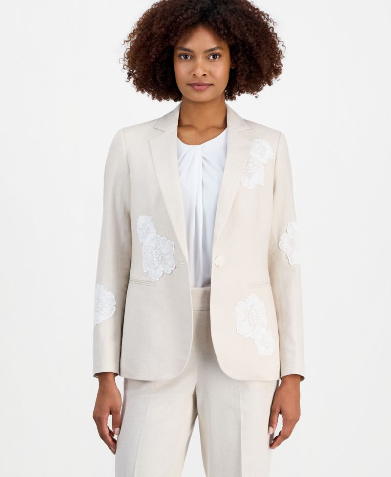 Women's Linen-Blend One-Button Embroidered Blazer