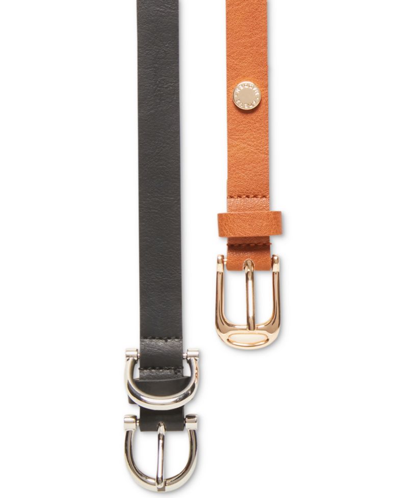 Women's Black & Cognac Faux Leather 2 Piece Belt Set