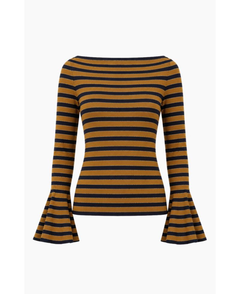 Women's Boat-Neck Bell-Sleeve Striped Blouse
