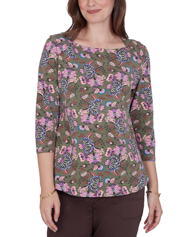 Petite Kint Garden Top Square-Neck 3/4-Sleeve Floral Blouse