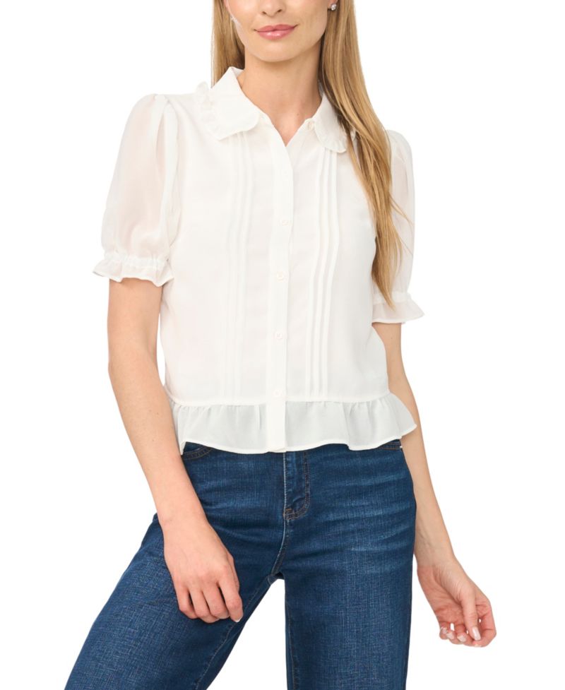 Women's Short-Sleeve Cropped Buttoned Top With Ruffle Collar and Pintucks Blouse
